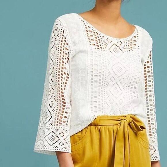 Anthropologie Tops - Anthropologie Blue Tassel Top XS Shavonne Crochet 100% Cotton White Cottagecore